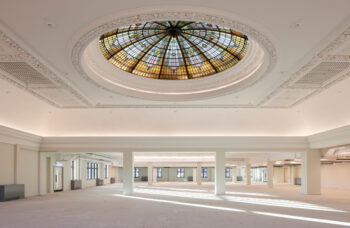 Restored historic plaster ceiling dome with ornate decorative mouldings, expertly conserved on site by Fine Art Mouldings using traditional restoration techniques